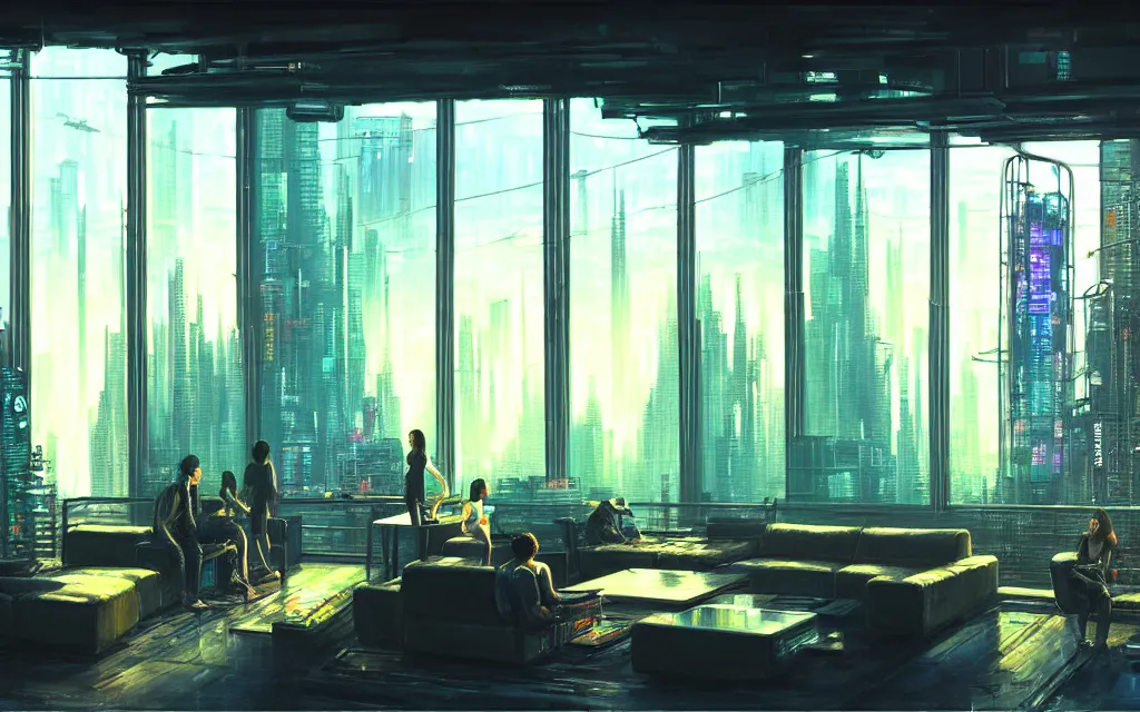 Image similar to cyberpunk loft lounge with tall windows, few people, city in background, drawn by feng zhu, sparse plants, dim painterly lighting volumetric aquatics, impasto