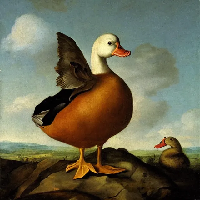 Prompt: baroque dutch painting from 1 6 7 0 of a duck holding a trangle