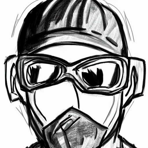 Image similar to sketch of a short stocky buff guy in a plain black t - shirt and cargo shorts, wearing a red ski mask over his entire face, black ski goggles, detailed, dramatic lighting, artstation