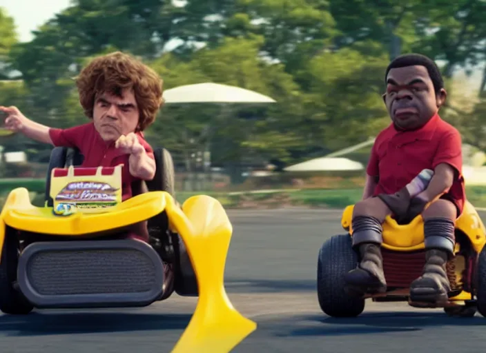 Image similar to peter dinklage racing gary coleman driving a little tikes cars, movie still, from the new fast and furious movie, 8 k, realistic