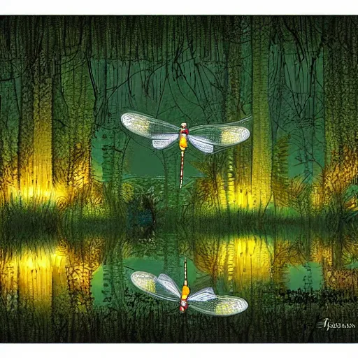 Prompt: A cottagecore digital art of a variety of dragonflies in a firefly-lit swamp