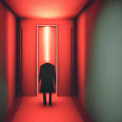 Image similar to photograph of an extremely dark narrow hallway with glowing humanoid monster made out of tv static, dark deep black shadows, red and black color contrast in the style of trevor henderson, liminal space, 3 d octane render, glitch effect