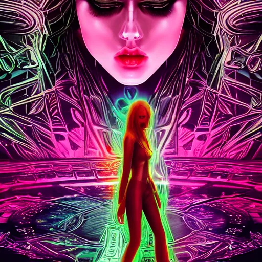 Prompt: long Shot of psychedelic Black widow standing in mysterious chromatic astral temple , stylish, lsd, soft, cinematic, artwork by WLOP