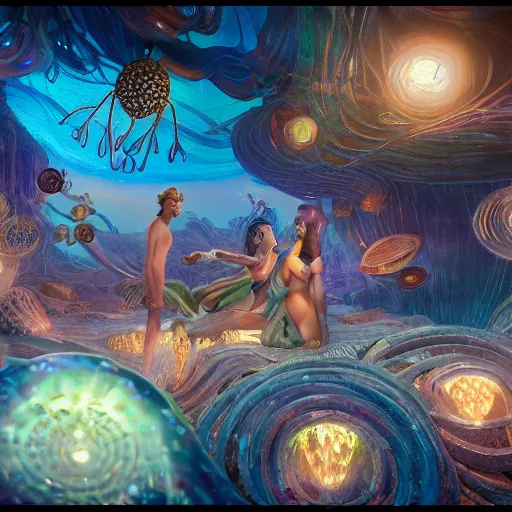 Image similar to greek gods, expressive eyes, floating, rbc, radiolaria, protophyta, micro - organisms, center frame, symmetric, rim light, marine microbiology, bioluminescence, electric, fur, soft, concept art, intricate details, highly detailed, colorful, photorealistic, disney pixar, octane render, iridescent, anime