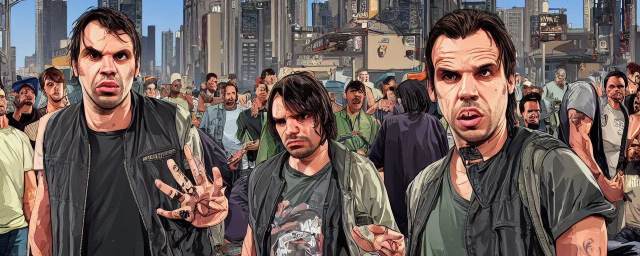 Prompt: full body of Raelsan (Orelsan) in the center of image of GTA V loading screen illustration in the style of Stephen Bliss, uncrop, uncropped Orelsan very detailed GTA illustration from Stephen Bliss, full body Orelsan trending on artstation, Orelsan trending on deviantart, symmetrical face Orelsan, GTA V, Orelsan