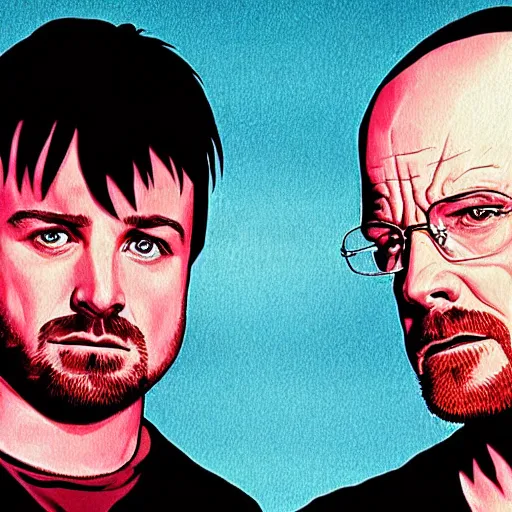 Image similar to jesse pinkman and walter white on a pulp fiction poster, cinimatic poster, high detail, saturated