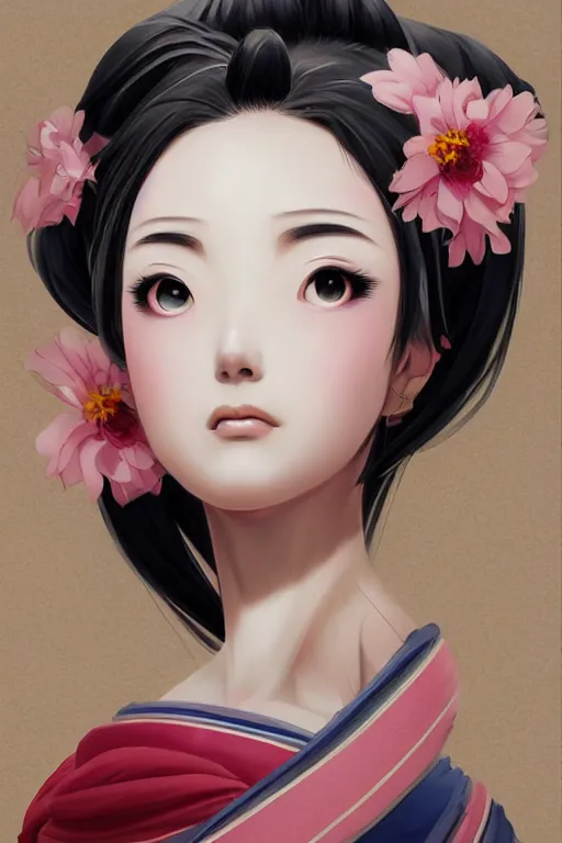 Prompt: a japanese geisha, artgerm, anime style, pixar and disney style, path traced, color painting, anatomically correct, cinematic, high coherence, highly detailed, high quality, serene scene, colorful, symmetrical, beautiful, elegant, short black hair, vintage, realistic and detailed face