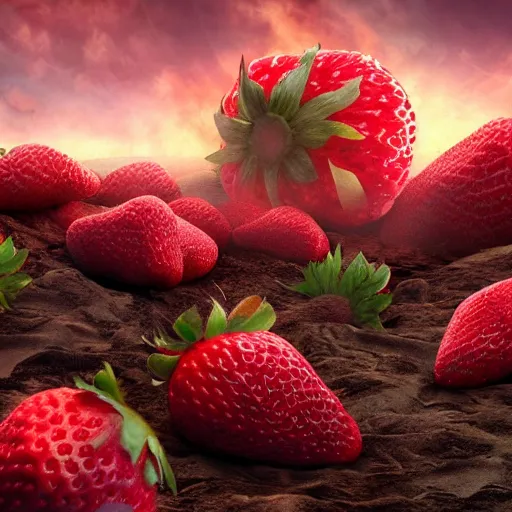 Prompt: huge strawberries fall to earth, apocalypse, 4 k, 8 k, trending on artstation