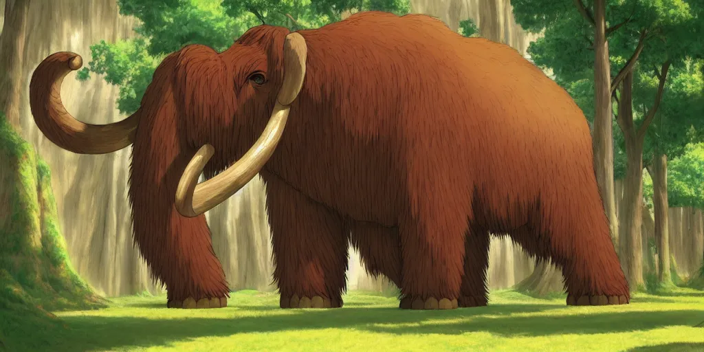 Image similar to a realistic cell - shaded studio ghibli concept art from paprika ( 2 0 0 6 ) of a giant wooly mammoth. very dull colors, wide shot, hd, 4 k, hq