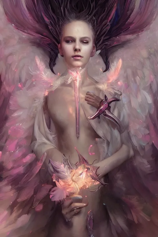 Prompt: beautiful model wearing crystal white feathers, pink magic, vortex, angel, fantasy, dramatic lighting, highly detailed, digital painting, holding electricity, magic the gathering, 3 d render, hyper realistic detailed portrait, peter mohrbacher, wlop, ruan jia