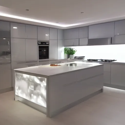 Prompt: modern kitchen with led strip lighting, homes and gardens, super detailed render, award winning