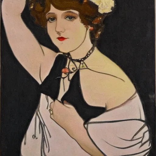 Prompt: art nouveau portrait of a cute woman with a choker and short hair