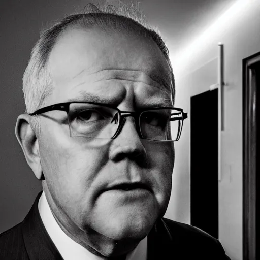 Image similar to ultrarealistic photo of former prime minister scott morrison lurking in the shadows in the style of film noir, wide angle, 8 k, raw, unedited, symmetrical balance, in - frame