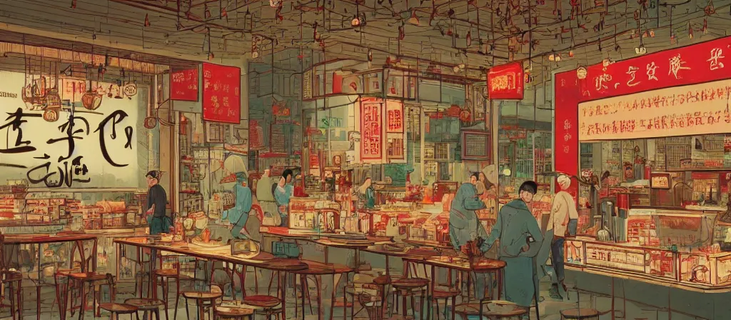 Image similar to a beautiful simple 4 k hd wallpaper illustration of interior view display of the corner of roasted string hotpot shop, simple style, from china, with merchant logo, simple structure, surrealistic, chinese style, victo ngai, james jean, denoise, deblurring