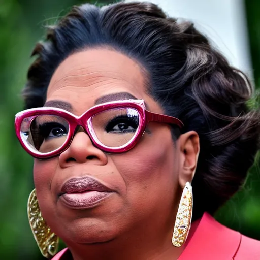 Image similar to a candid portrait photograph of Oprah Winfrey dressed as The Notorious B.I.G, in the style of Chi Mondu, shallow depth of field, 40mm lens