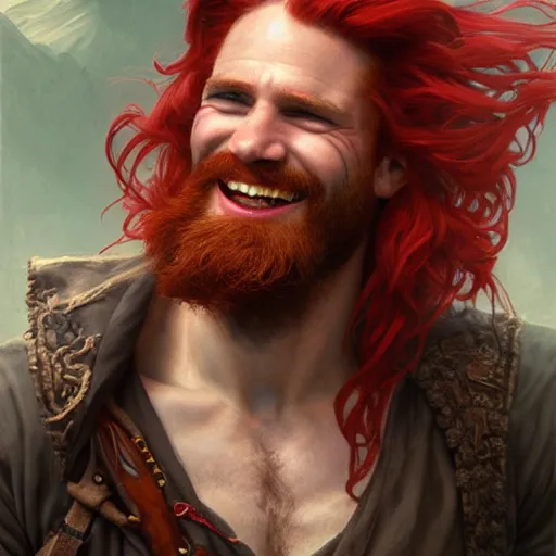 Image similar to portrait of a young ruggedly handsome but joyful pirate with red hair, male, masculine, upper body, red hair, long hair, d & d, fantasy, joyful smirk, intricate, elegant, highly detailed, digital painting, artstation, concept art, matte, sharp focus, illustration, art by artgerm and greg rutkowski and alphonse mucha