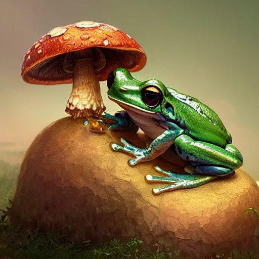 Image similar to a frog sitting on a mushroom, intricate, highly detailed, digital painting, artstation, concept art, smooth, sharp focus, illustration, unreal engine 5, 8 k, art by artgerm and greg rutkowski and alphonse mucha