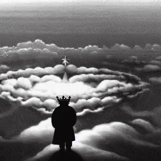 Image similar to Kirby wearing a crown and looking down at a city from the clouds