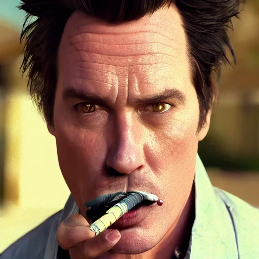 Image similar to hyperrealistic dslr film still of ace ventura pet detective smoking a crack pipe, stunning 8 k octane comprehensive 3 d render, inspired by istvan sandorfi & greg rutkowski & unreal engine, perfect symmetry, dim volumetric cinematic lighting, extremely hyper - detailed, extremely lifelike attributes & lifelike texture, intricate, masterpiece, artstation, stunning