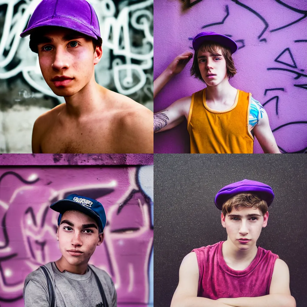 Prompt: portrait of a boy ( university student ) with light freckles wearing a violet velour basecap and tanktop, looking shyly into the camera for a cover of a gay print magazine, f 1. 4, award winning photograph, experimental lighting, soft focus, city + graffiti background, light drizzling rain