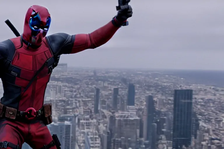 Image similar to Deadpool leaps off helicopter and smashes through high rise window by Emmanuel Lubezki