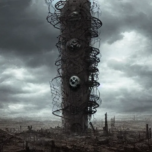 Image similar to giant evil bio-organic fleshy complex machine tower with tendrils and one eyeball at the top looking over a stormy post-apocalyptic wasteland, dystopian art