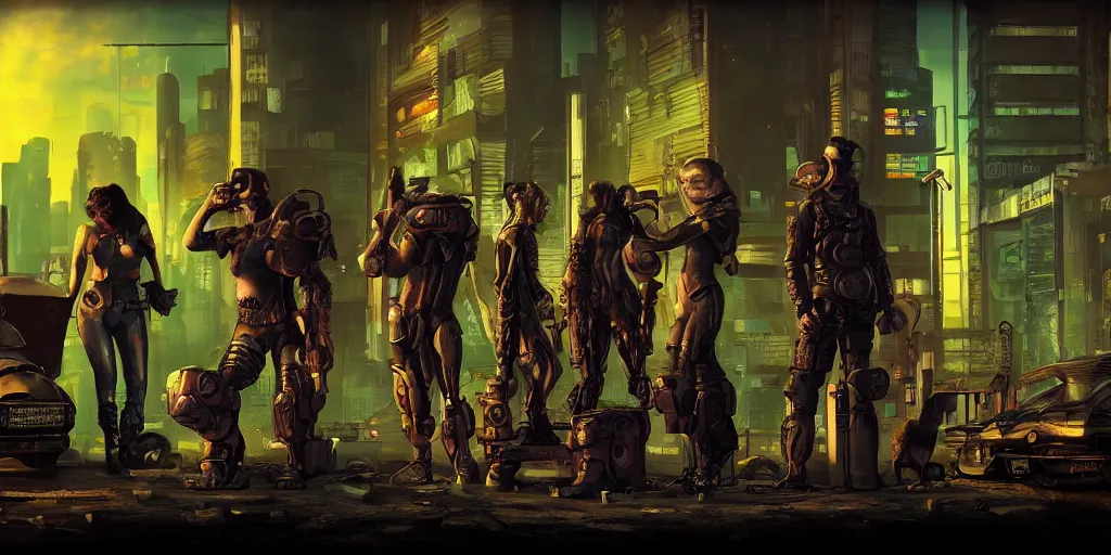 Prompt: cyberpunk cat gang posing, fallout 5, studio lighting, deep colors, apocalyptic setting, sneak