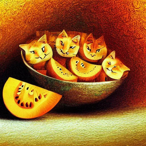 Prompt: cats in a cantaloupe by petros afshar and josephine wall, still life, artstation, textured, hdr