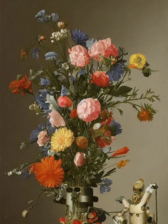 Prompt: little robotic structures that look like Vase of Flowers 1722 Jan van Huysum