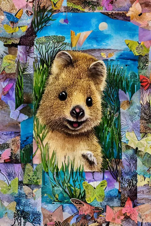 Image similar to detailed illustration, a portrait of a happy quokka on rotttnest island constructed from colored paper, collage, may gibbs, layered composition, layers, texture, textured, layered, sculpted, dynamic, 🦋, 🌱,