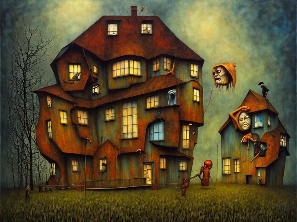 Image similar to an epic acrylic painting with a house shaped like an uncanny face, by esao andrews, surreal, dark, creepy, horror, soft textures, oil on canvas