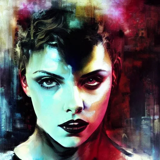 Prompt: camren bicondova and scarlett johansson as cat women morphed together, hybrid, jeremy mann painting