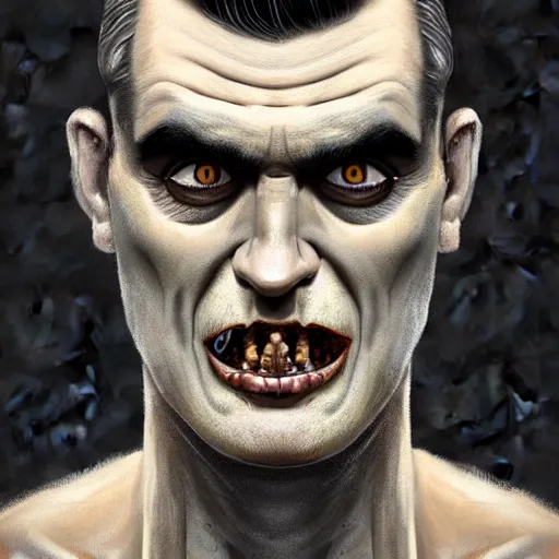 Image similar to portrait of a smooth skinned handsome zombie version of morrissey as a zombie with cuts and with a large quiff and thick eyebrows, 7 days to die zombie, realistic proportions, fine art, award winning, intricate, elegant, sharp focus, cinematic lighting, digital painting, 8 k concept art, art by brom, art by michael hussar, 8 k