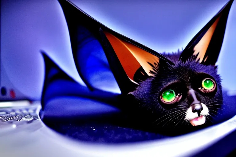 Image similar to a blue - and - black male catbat fursona with blue / green heterochromatic eyes and huge bat ears, photo of the catbat streaming on his computer