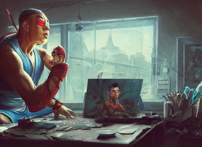 Image similar to an insanely detailed painting of an asian man wearing a homemade superhero costume, sitting at a desk, staring seriously at the computer and typing, in the style of peter mohrbacher, james jean, artgerm, dramatic lighting and composition, surreal background, octane render, pixar, trending on artstation, concept art, comic book, view from behind, 8 k