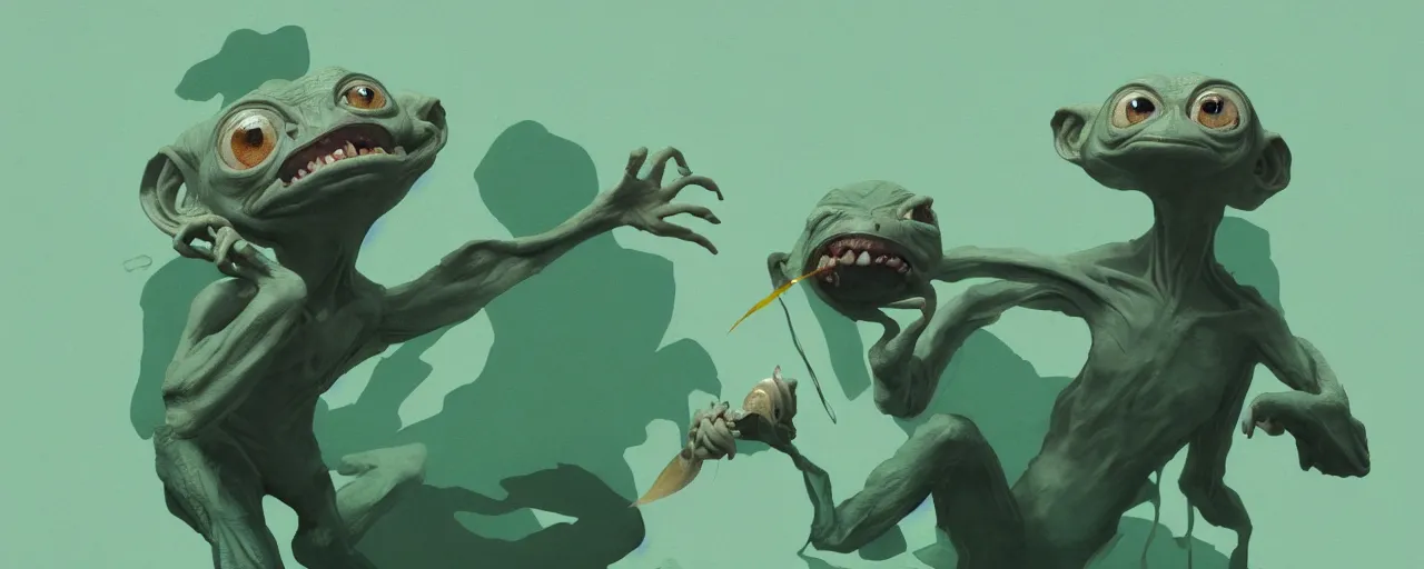 Image similar to duotone green grey illustration 3 / 4 portrait of gollum dancing with a fish in his mouth. volumetric lighting. dynamic composition. by sachin teng and sergey kolesov and ruan jia and heng z. graffiti art, scifi, fantasy, hyper detailed. octane render. concept art. trending on artstation