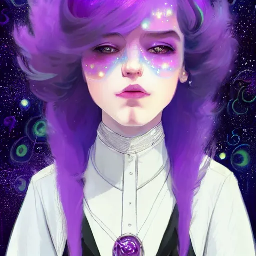 Prompt: a nonbinary changeling wearing a starry cloak, purple vest, white sleeves, aurora colored hair, starry eyes, curious expression, watching people on the street, character art, trending on artstation, artgerm, 4k ultra hd, sharp focus, digital art by Ilya Kuvshinov and Ross Tran,