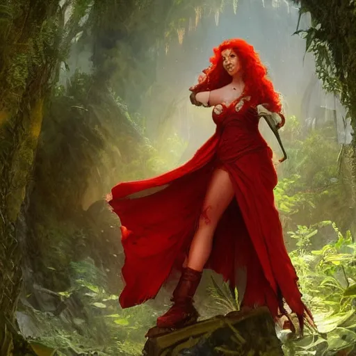 Prompt: a female sorcerer with curly red hair wearing a red dress and a red cloak exploring the ruins of an abandoned city in the jungle, fantasy, highly detailed, digital painting, artstation, concept art, character art, art by greg rutkowski and tyler jacobson and alphonse mucha