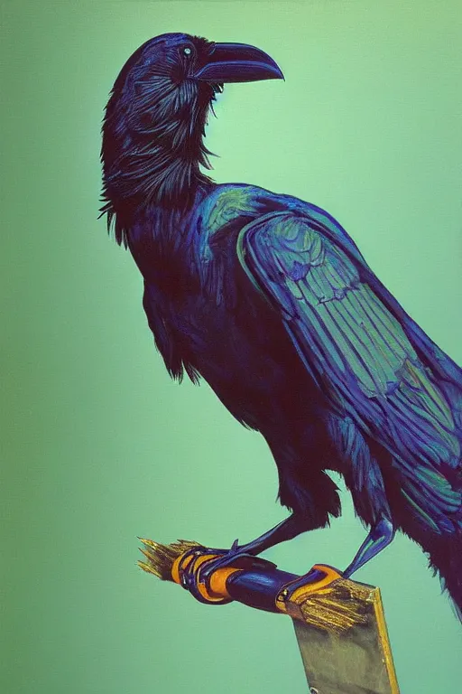 Image similar to a raven investigating 8 0 s era technology, vintage shapes, retro technology, sylvan color, wayne barlow, oil on canvas, deep depth of field, masterpiece, cinematic composition, hyperdetailed