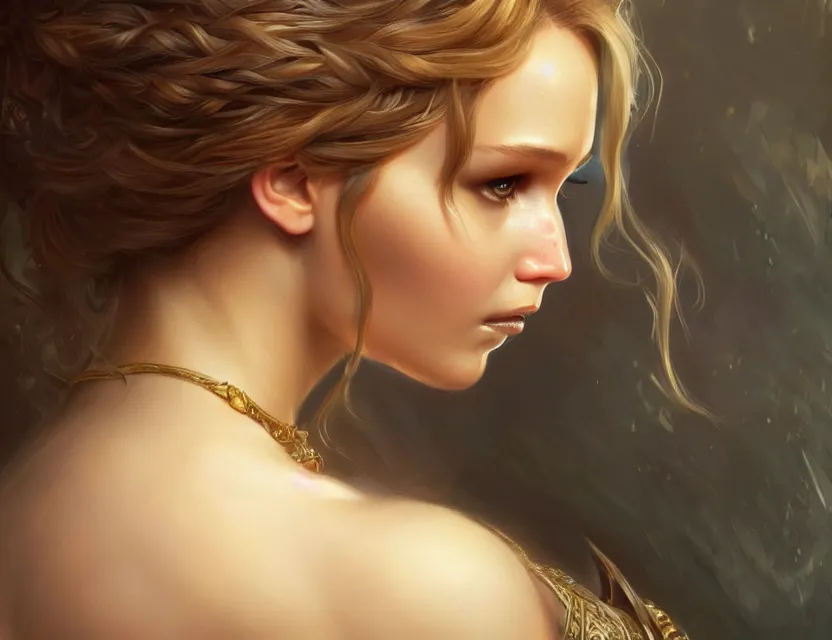 Image similar to Jennifer Lawrence, closeup, D&D, fantasy, intricate, elegant, highly detailed, digital painting, artstation, concept art, matte, sharp focus, illustration, hearthstone, art by Artgerm and Greg Rutkowski and Alphonse Mucha