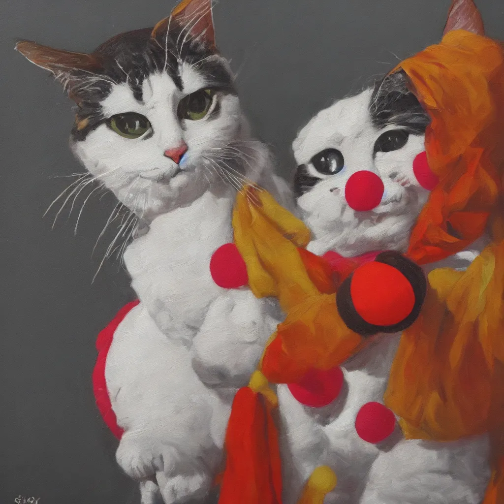Prompt: oil painting of a cat in a clown suit