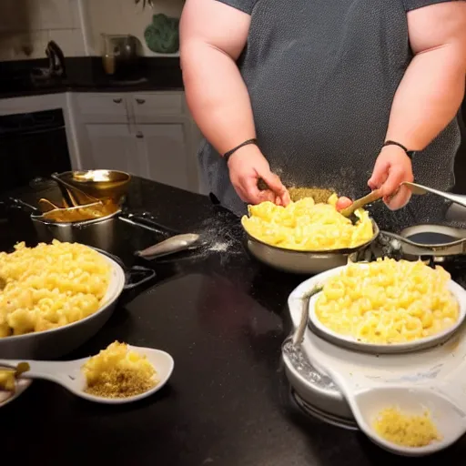 Image similar to overweight 2 0 year old with messy black hair and big beard cooks mac and cheese late at night