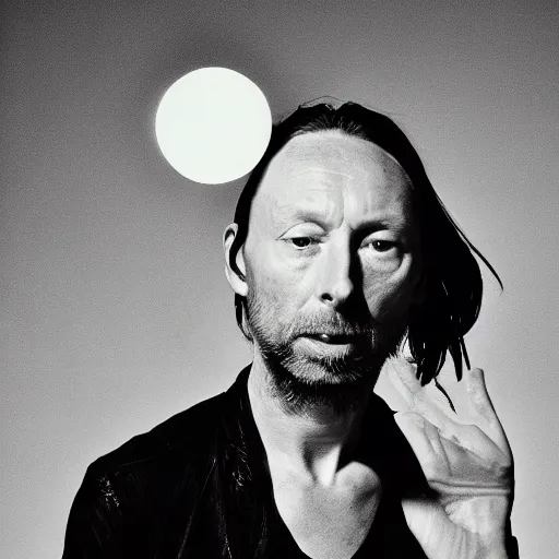 Image similar to Radiohead singer Thom Yorke, holding the moon upon a stick, with a beard and a black jacket, a portrait by John E. Berninger, dribble, neo-expressionism, uhd image, studio portrait, 1990s