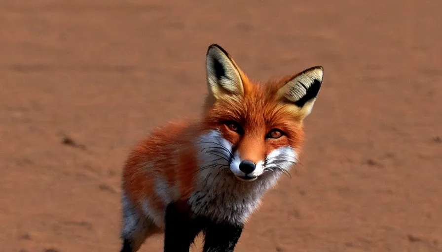 Image similar to a little fox with a french hat walking on mars, closeup.