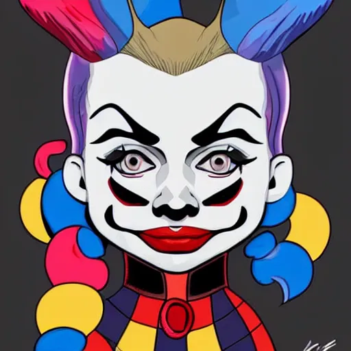 Prompt: Harley Quinn Margot Robbie in the style of pennywise, ilustración, stiker style