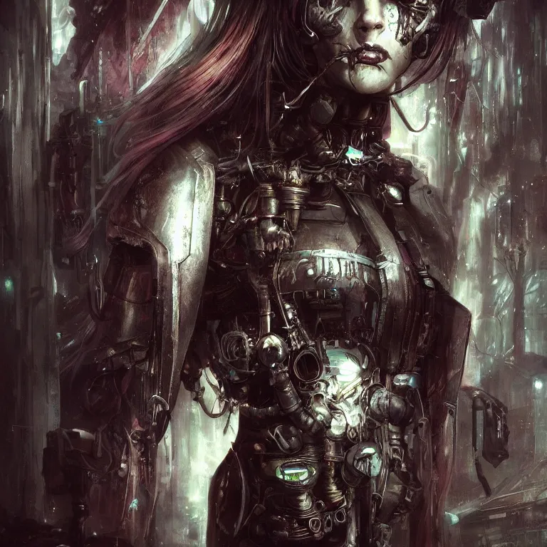 Image similar to cybernetic priestess, cyberpunk, gothic, fantasy, science fiction, character concept art, painting, hyperdetailed, realistic, creepy, atmospheric, cinematic, kinemacolor