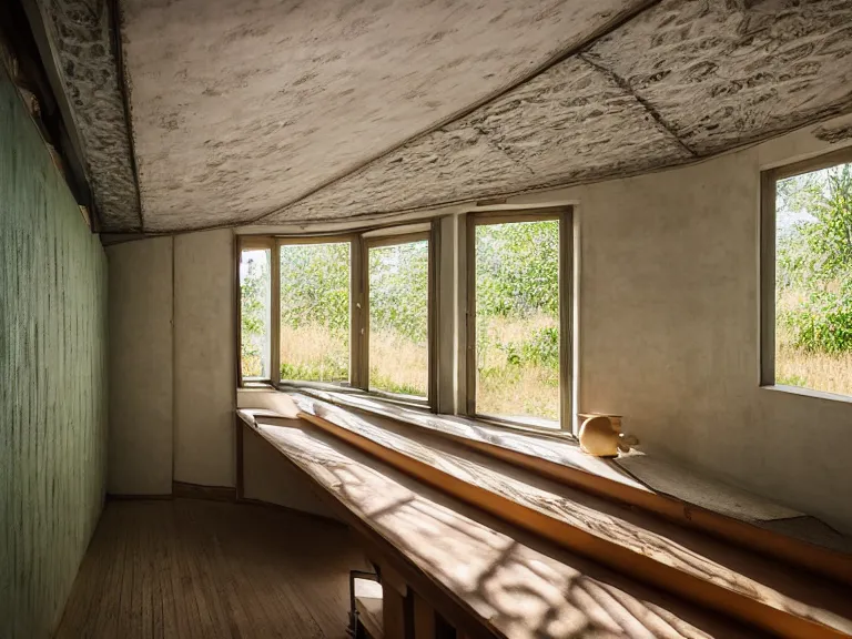 Image similar to hyperrealism design by frank lloyd wright and kenzo tange photography of beautiful detailed small house with many details in small detailed ukrainian village designed by taras shevchenko and wes anderson and caravaggio, wheat field behind the house, around the forest volumetric natural light