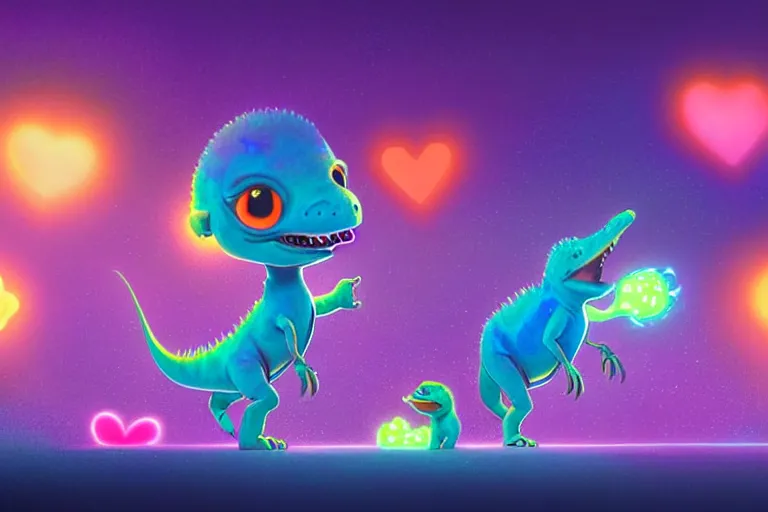 Image similar to pixar designed cute, smiling chibi style baby dinosaurs made entirely out of glowing electrified plasma, having fun inside a psychedelic realm made entirely out of love and acceptance and hypercolors. astral beings sharing love. greg rutkowski and wlop and lisa frank! and ruan jia, illustration, epic, fantasy, hyper detailed, smooth, unreal engine, sharp focus, ray tracing