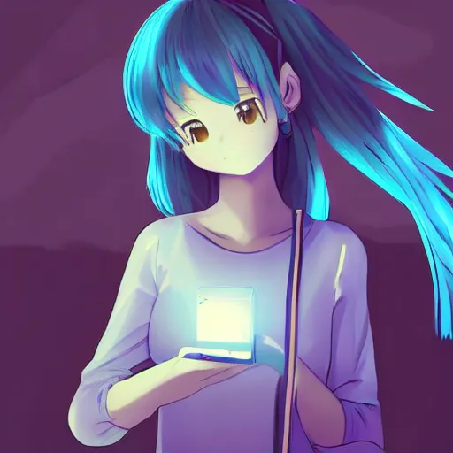 Prompt: Portrait of a beuatiful anime girl in blue hair holding a phone at night, standing near a light pole, high quality digital art 4k