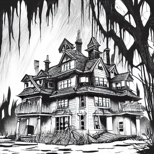 Prompt: spooky swamp mansion, black and white, pencil illustration, comic art, artstation